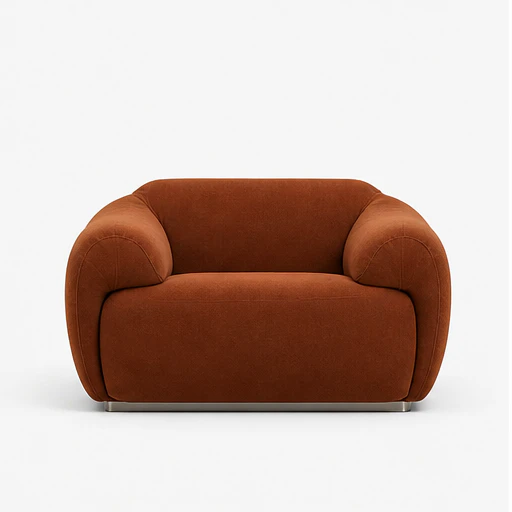 The ARM-RMC-0001 armchair in rust bouclé, seen from a new angle at each step