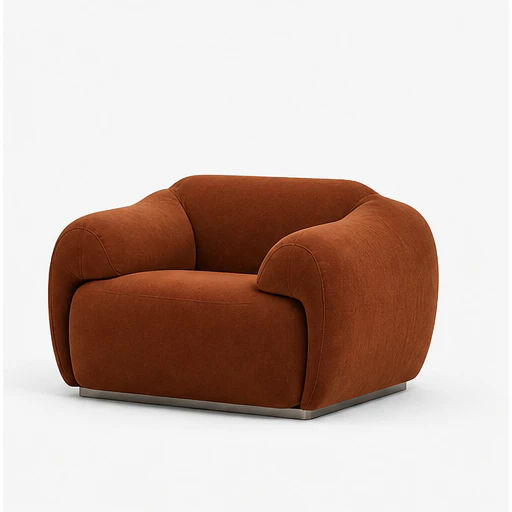 The ARM-RMC-0001 armchair in rust bouclé, seen from a new angle at each step