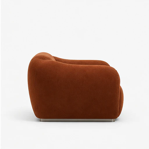The ARM-RMC-0001 armchair in rust bouclé, seen from a new angle at each step