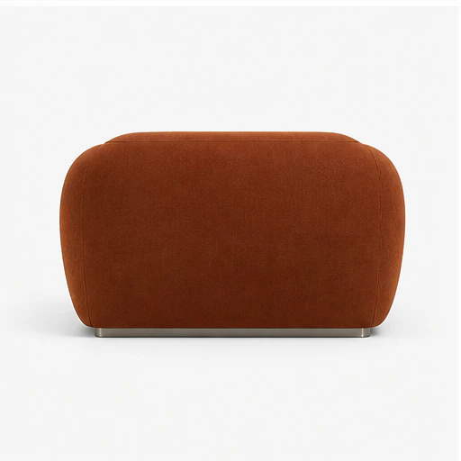 The ARM-RMC-0001 armchair in rust bouclé, seen from a new angle at each step