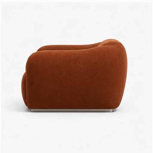The ARM-RMC-0001 armchair in rust bouclé, seen from a new angle at each step