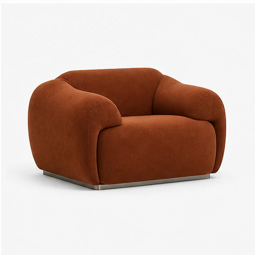 The ARM-RMC-0001 armchair in rust bouclé, seen from a new angle at each step