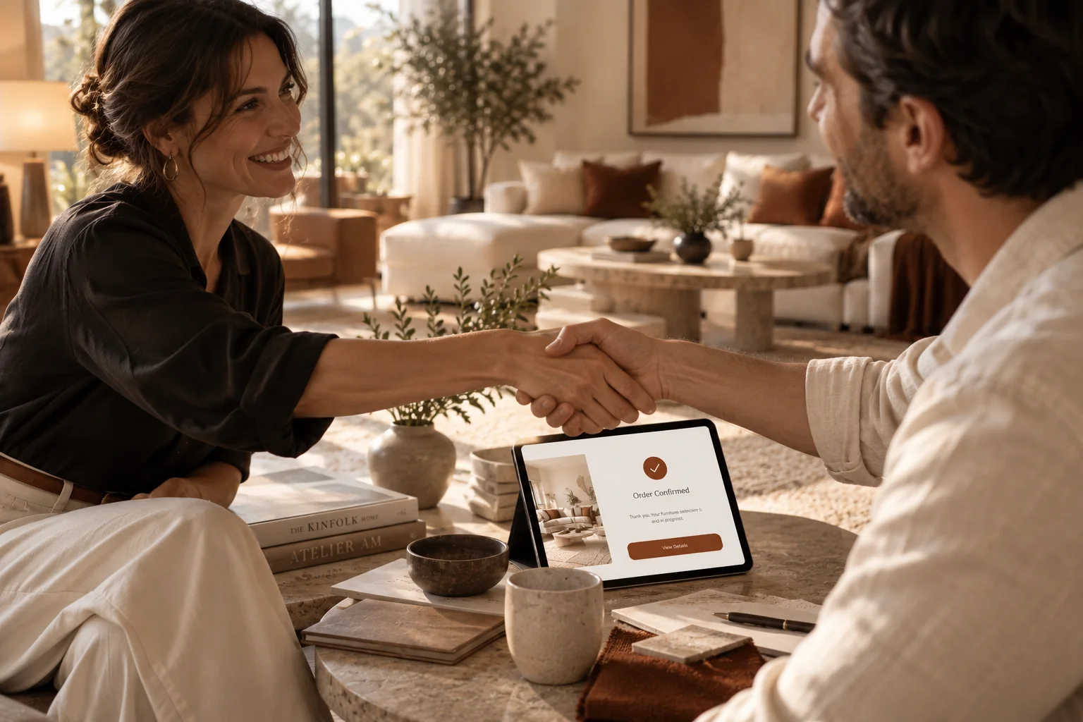 Un vendeur serre la main d'une cliente au-dessus d'une tablette affichant la proposition