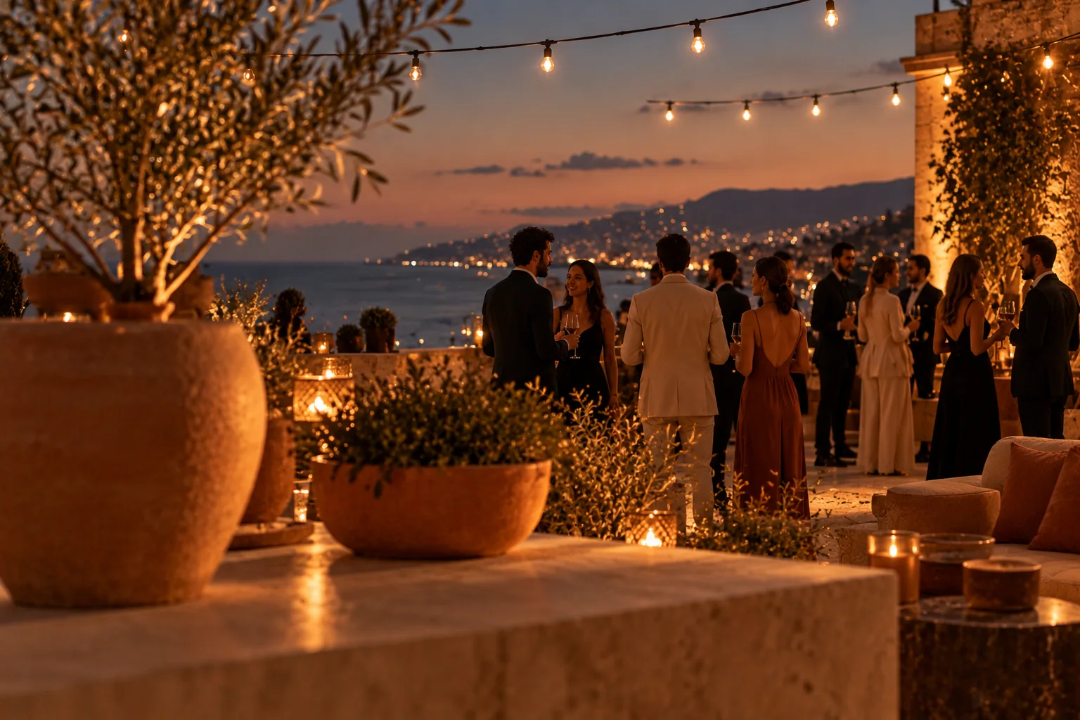Des invités sur un toit-terrasse à Beyrouth au crépuscule, la baie et les lumières de la ville derrière eux