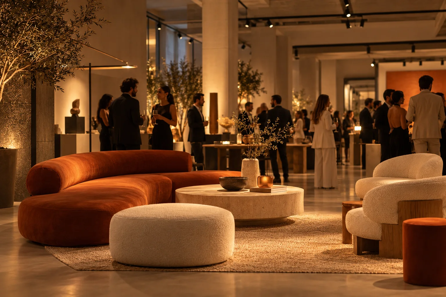 Une réception en soirée dans un showroom de mobilier, des invités entre les canapés