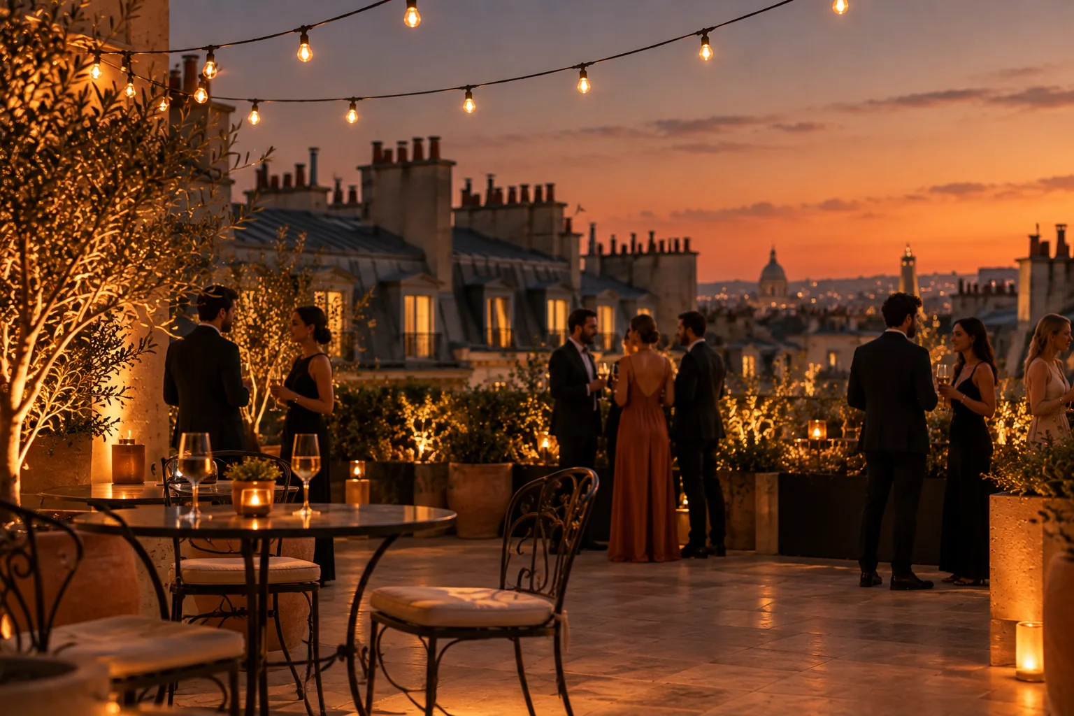 Une terrasse sur les toits au coucher du soleil, au-dessus de Paris