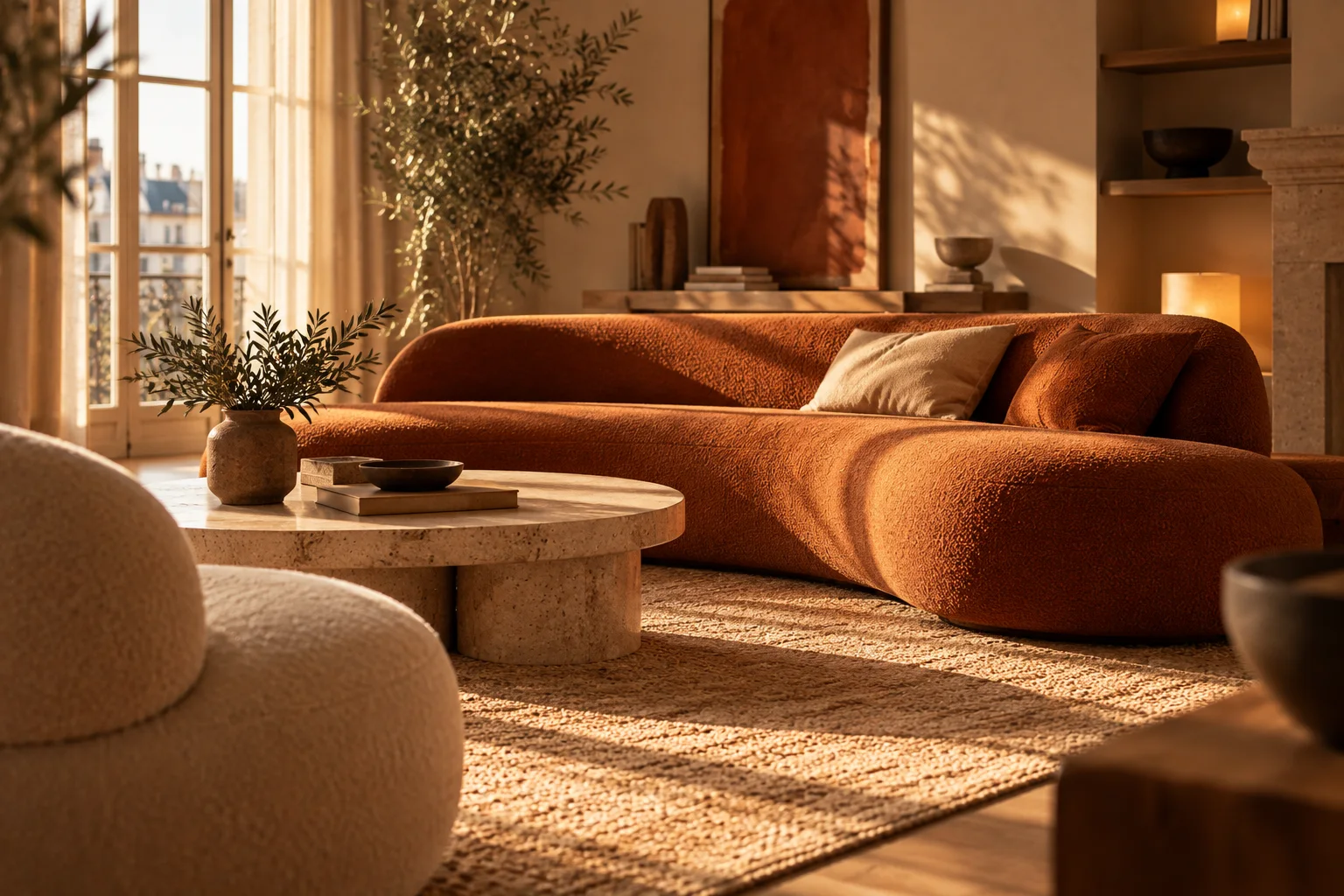 Un salon baigné de lumière, avec un canapé arrondi terracotta et une table basse en pierre