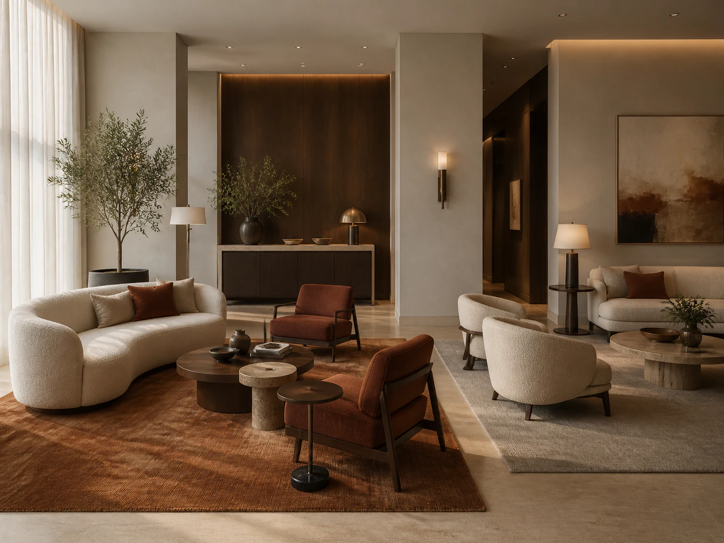 Salon d'hôtel meublé de canapés crème, de fauteuils rouille et de tables en bois