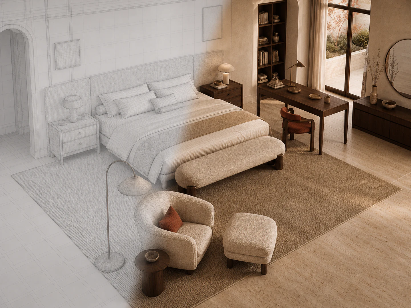 A bedroom drawn as a wireframe, with the chosen armchair, desk and rug already rendered