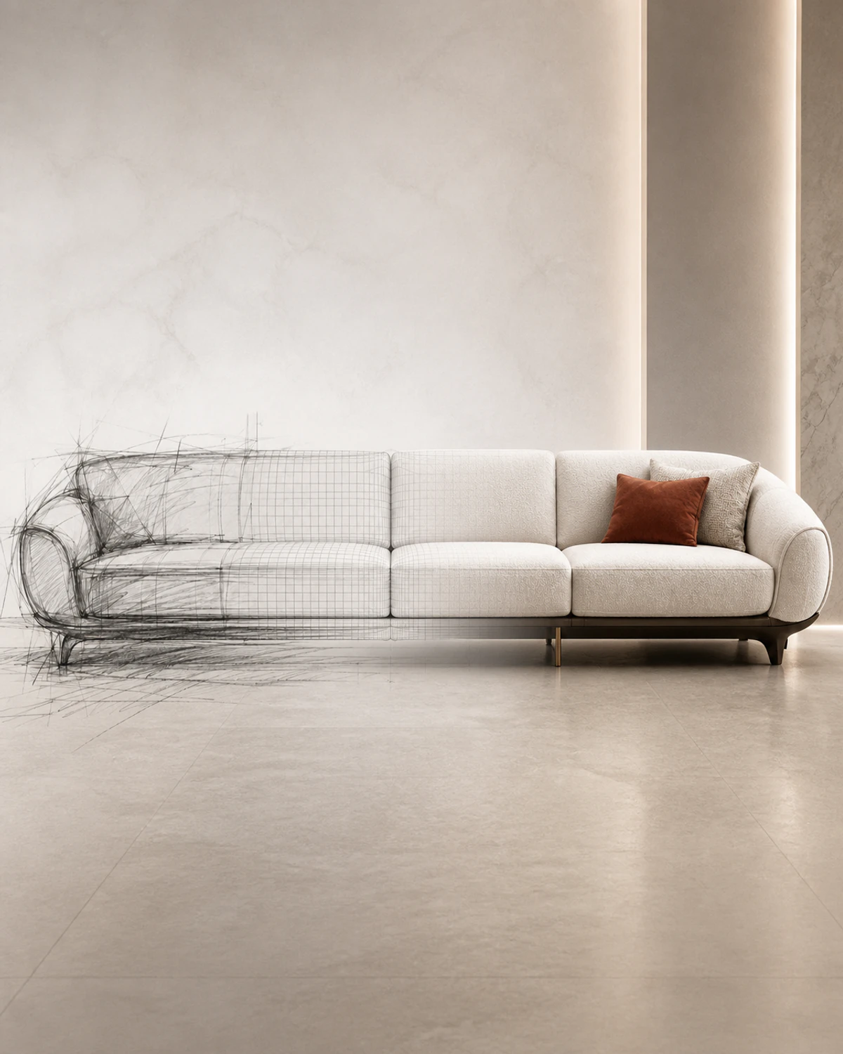 An empty room with pale plaster walls and the first sketched outline of a sofa