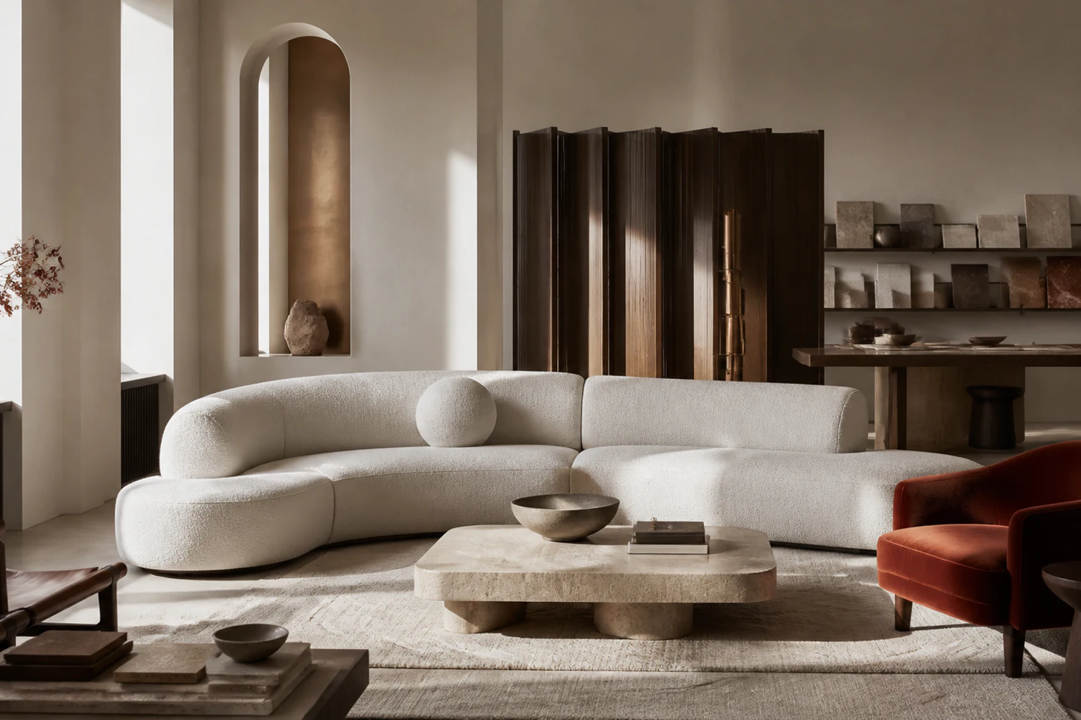 Salon de design avec un canapé courbe crème, une table en travertin et un fauteuil rouille