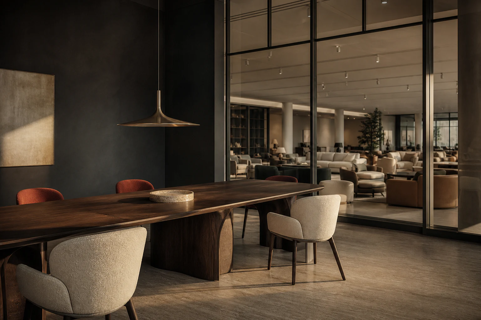 Salle de direction avec une table en bois sombre, des chaises sculptées et une suspension