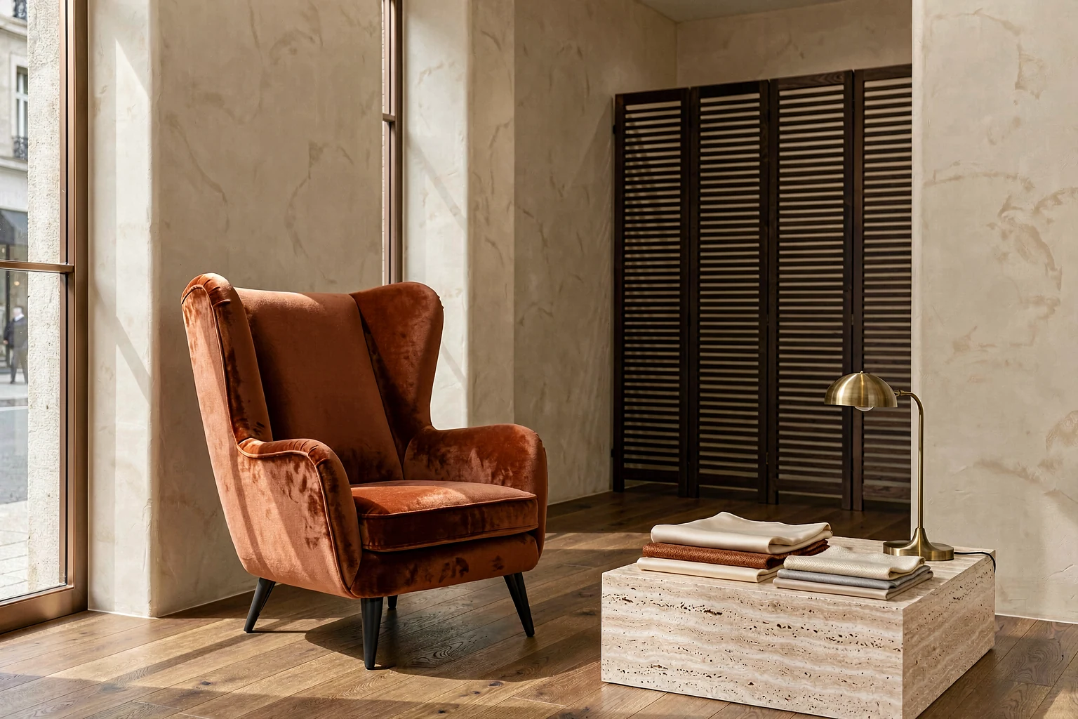 Boutique de mobilier avec un fauteuil à oreilles en velours rouille près d'une table d'appoint en travertin